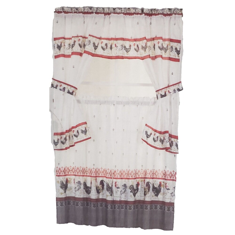 Cottage Kitchen Curtains Set:2 Tiers & Valance(60"x36")w/tiebacks,ROOSTER DEN,VH